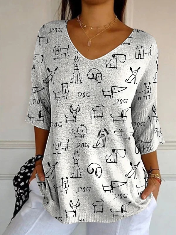 Elegant Retro Womens Casual Floral Print V-Neck Long-Sleeve Top - Style 12, 4XL