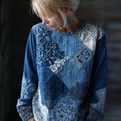 Womens Retro Bohemian Rose-Embroidered Loose Linen Top - Style 012010001, M