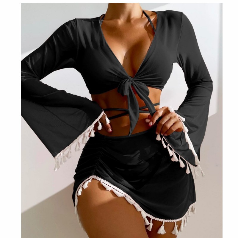 New European And American Conservative Four-piece Solid Color Tassel Blouse Mesh Skirt Bikini Swimsuit For Women - Black, M