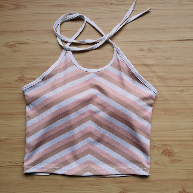 Strap Neck Strap Contrasting Printed Yoga Suit Sports Bra - Pink striped vest, S