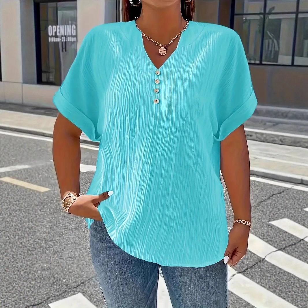 Summer Casual Women's Clothing Small V-neck Short-sleeve Top - Lake Blue, 2XL