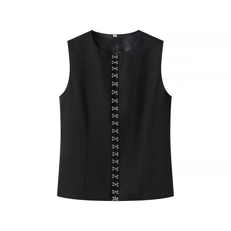 Fashion Single-breasted Round Neck Sleeveless Vest - Black, L