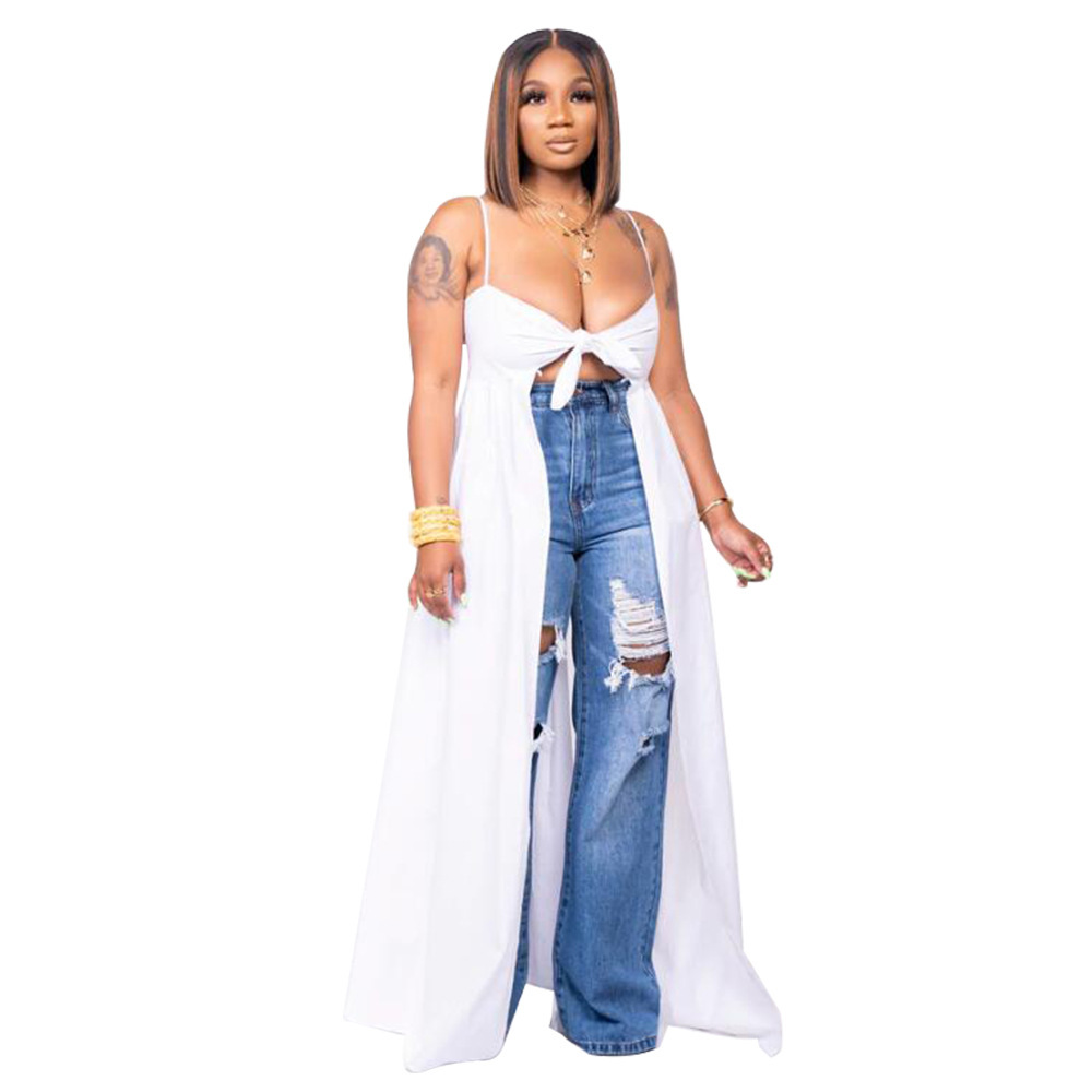 Womens Sexy Camisole Irregular V-Neck Slit T-Shirt - White, XL