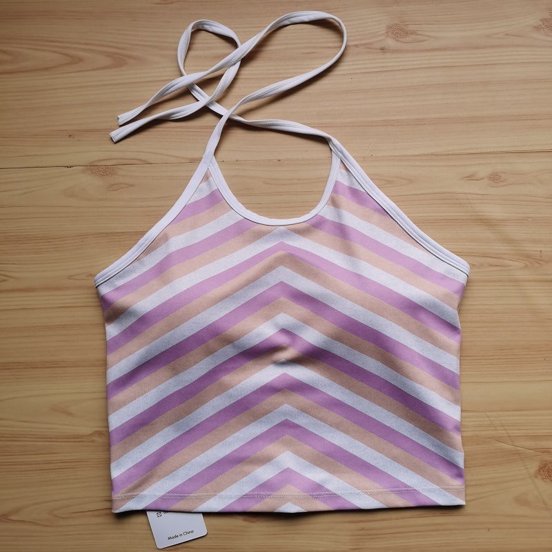 Strap Neck Strap Contrasting Printed Yoga Suit Sports Bra - Purple striped vest, S
