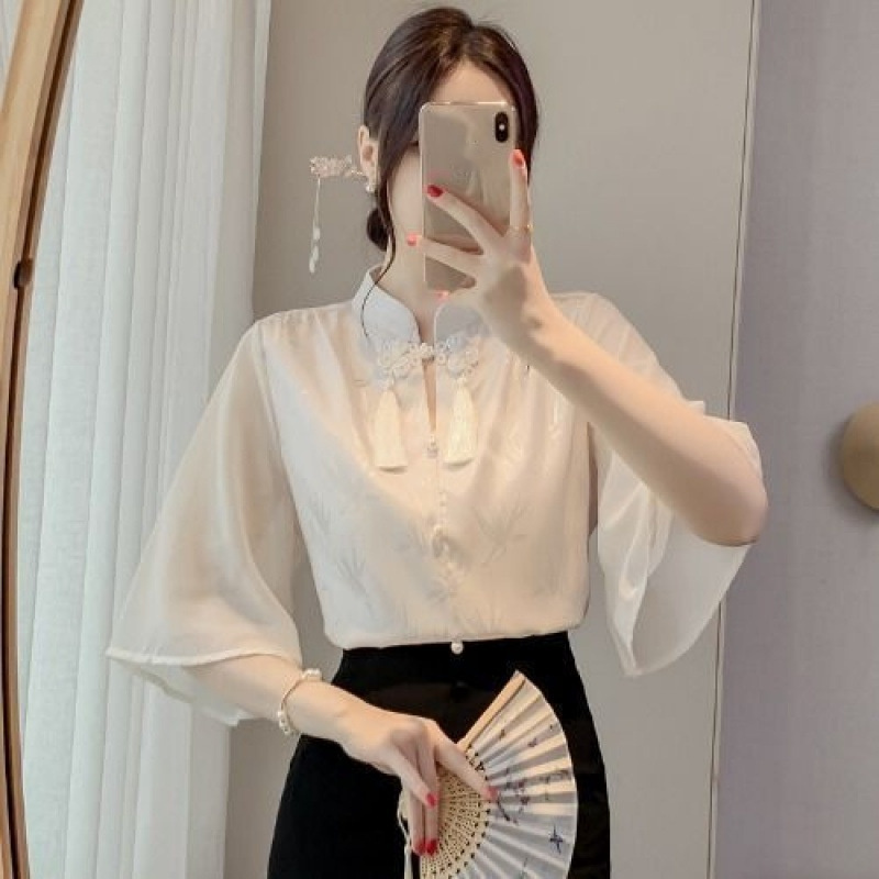 New Chinese Style Short Sleeve Shirt Women - Picture Color, XS