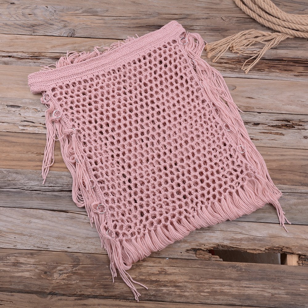 Handwoven Cutout Swimsuit Bikini Maxi Skirt - Pink, M