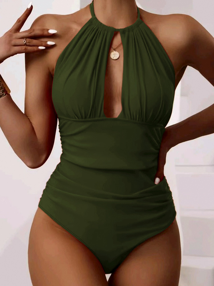 New One-piece Halter Hot Spring Swimming Swimsuit For Women - Army Green, XL