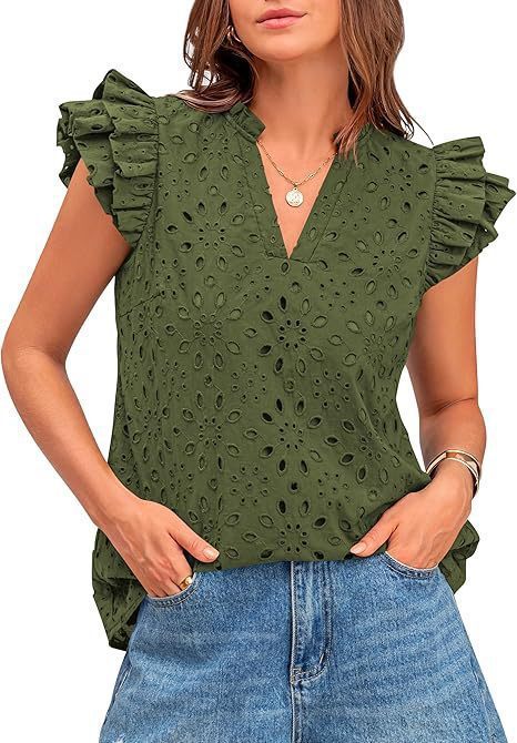 Women's Eyelet Top Fashion Casual V-neck Pleated Cover Sleeve Lace Embroidered Shirt - Army Green, XXL