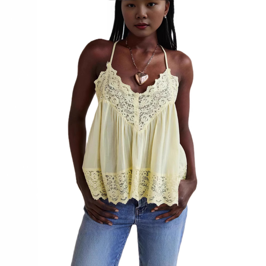 Women's Solid Color Versatile Lace Camisole Vest - Yellow, S