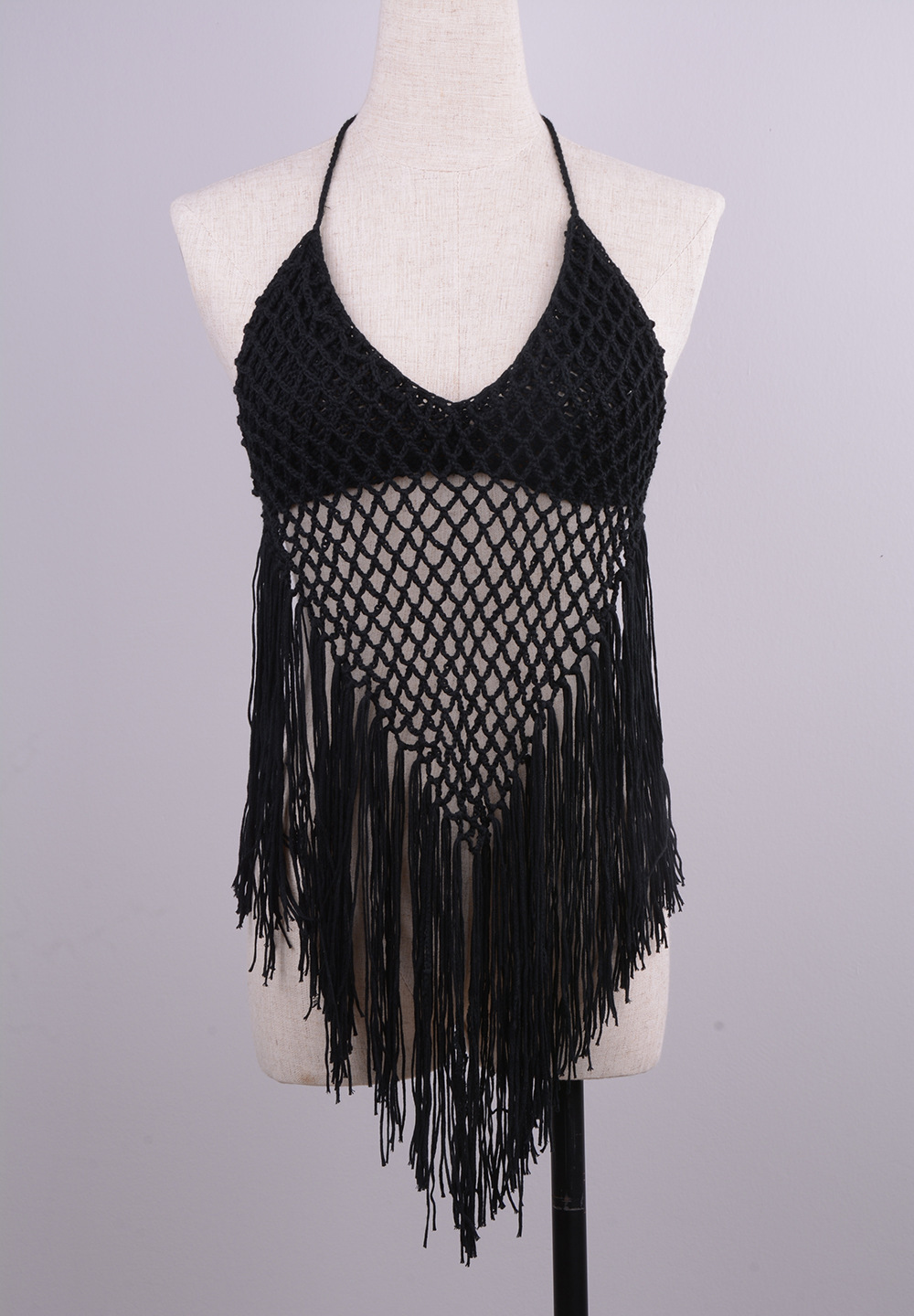 Hand-woven Beach Hollow Tassel Split Swimsuit Set Factory Direct Sales - Black Bra, L