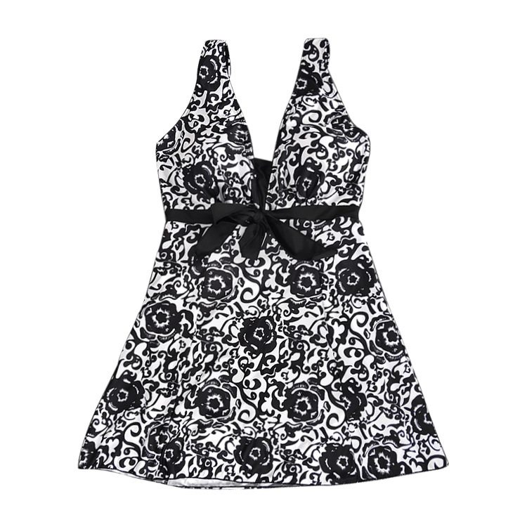 Print plus-size skirt split swimsuit - Black, XXL