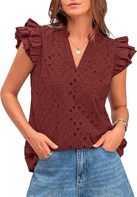 Women's Eyelet Top Fashion Casual V-neck Pleated Cover Sleeve Lace Embroidered Shirt - Wine Red, XL