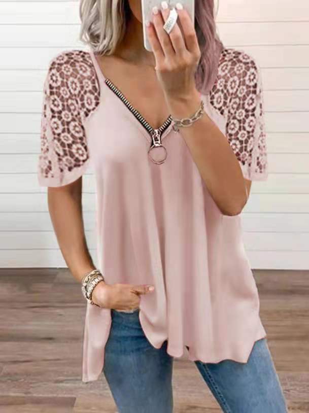 Lace Stitching Short-sleeved Solid Color Loose T-shirt - Pink, 2XL