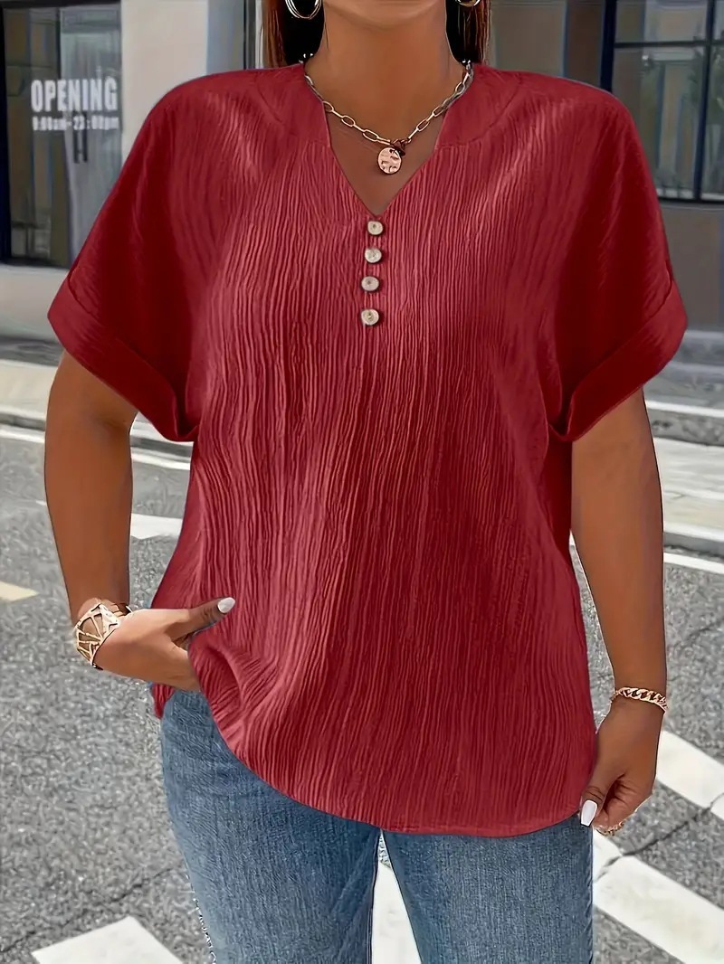 Summer Casual Women's Clothing Small V-neck Short-sleeve Top - Red, 4XL