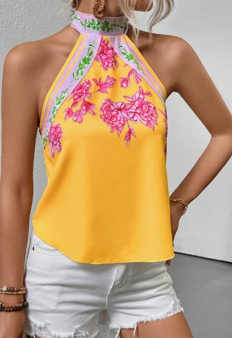 Printed Notched Neck Sleeveless Tank Top - Style3, XL