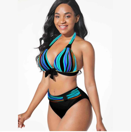 Digital Printed Swimsuit Split Bikini Swimsuit - Blue, XL
