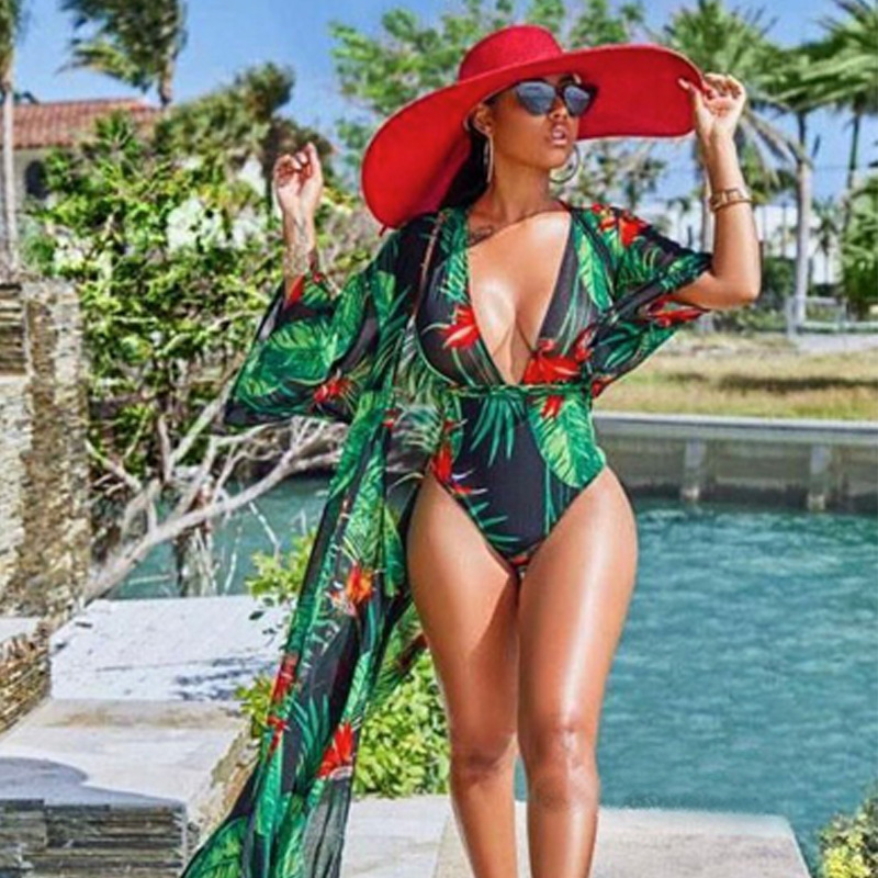 Plus Size Swimsuit Female One-piece Sexy Digital Printed Veil Bikini Blouse - Blouse, One size