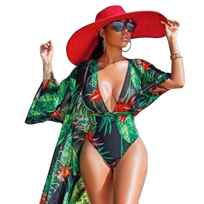 Plus Size Swimsuit Female One-piece Sexy Digital Printed Veil Bikini Blouse - Bikini, 4XL