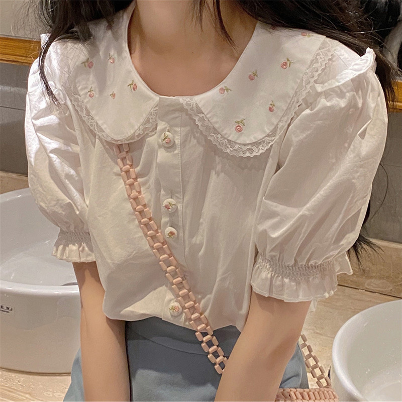 Doll Collar Shirt Female New Design Sense Niche Spring And Summer Short-Sleeved Japanese Top - White, L
