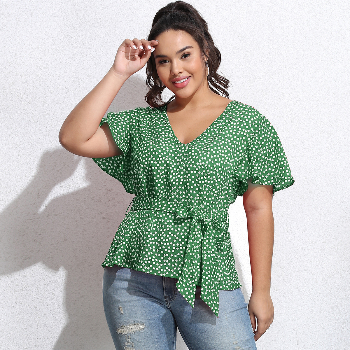 Polka Dot Bow Tie Short Sleeve T-Shirt - Green, 3XL