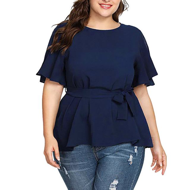 Blouse Women's Solid Short Sleeve Shirt - Blue, 5XL