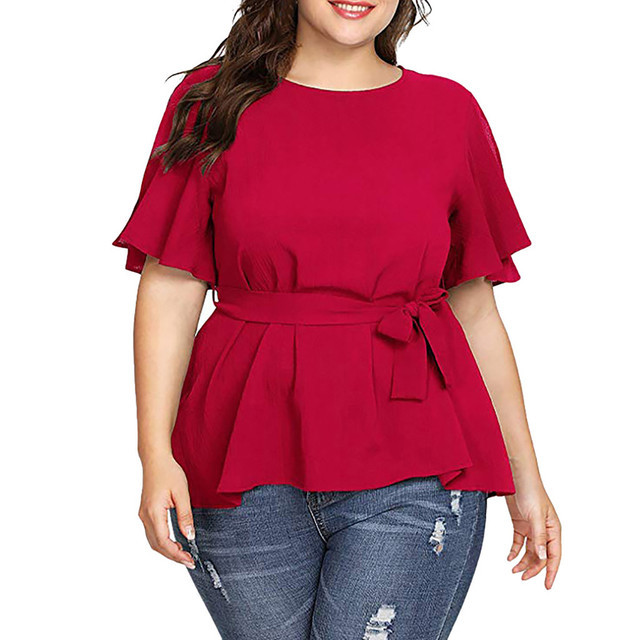 Blouse Women's Solid Short Sleeve Shirt - Red, 5XL