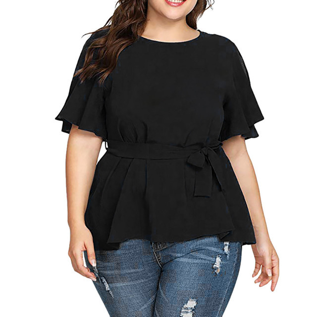 Blouse Women's Solid Short Sleeve Shirt - Black, 4XL