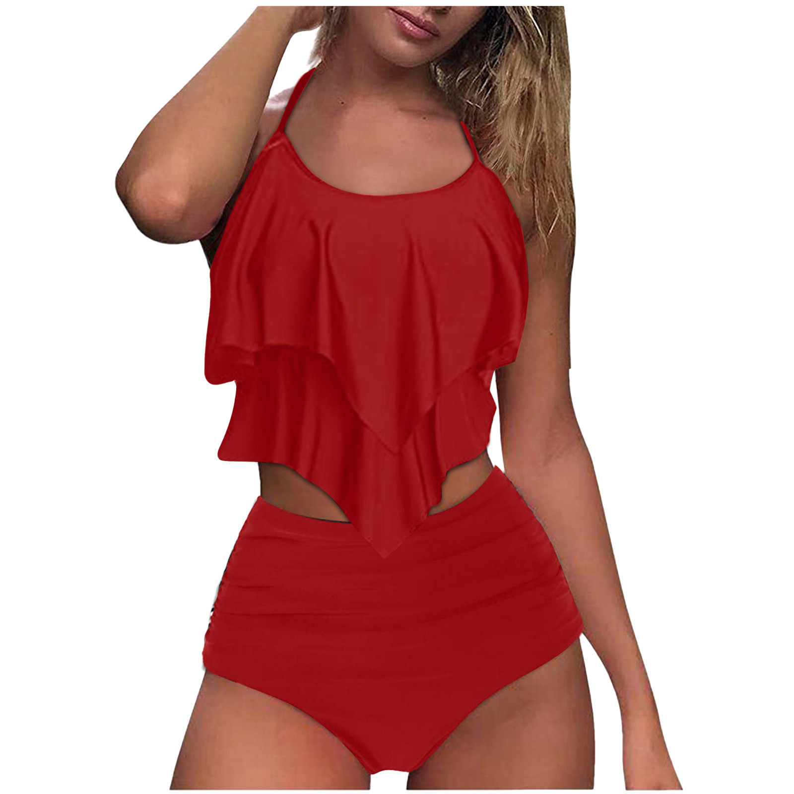 High-Waisted Ruffled Split Bikini - Red, M
