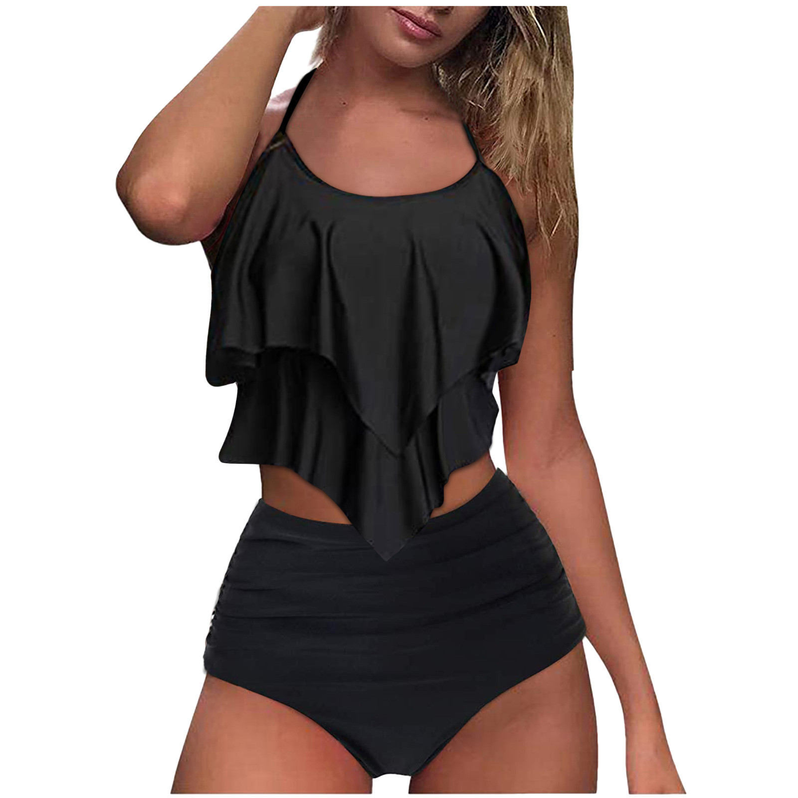High-Waisted Ruffled Split Bikini - Black, XL