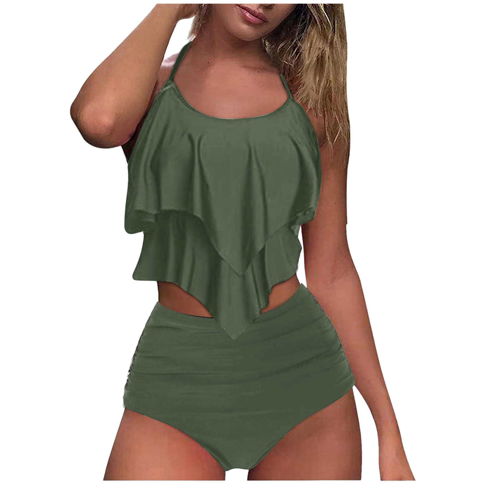 High-Waisted Ruffled Split Bikini - Green, M