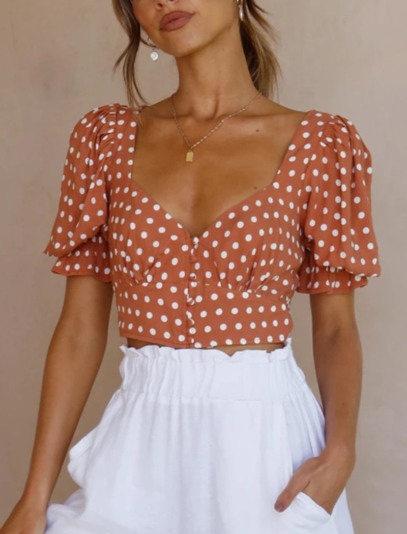 V-Neck Short-Sleeved Thin Polka-Dot Printed Chiffon Top Puff Sleeves - Orange, XL