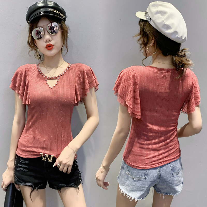 New Fashion Short Sleeve T-Shirt With Hollow And Diamond Mesh And Women"s Flying Sleeve Top - Red, M
