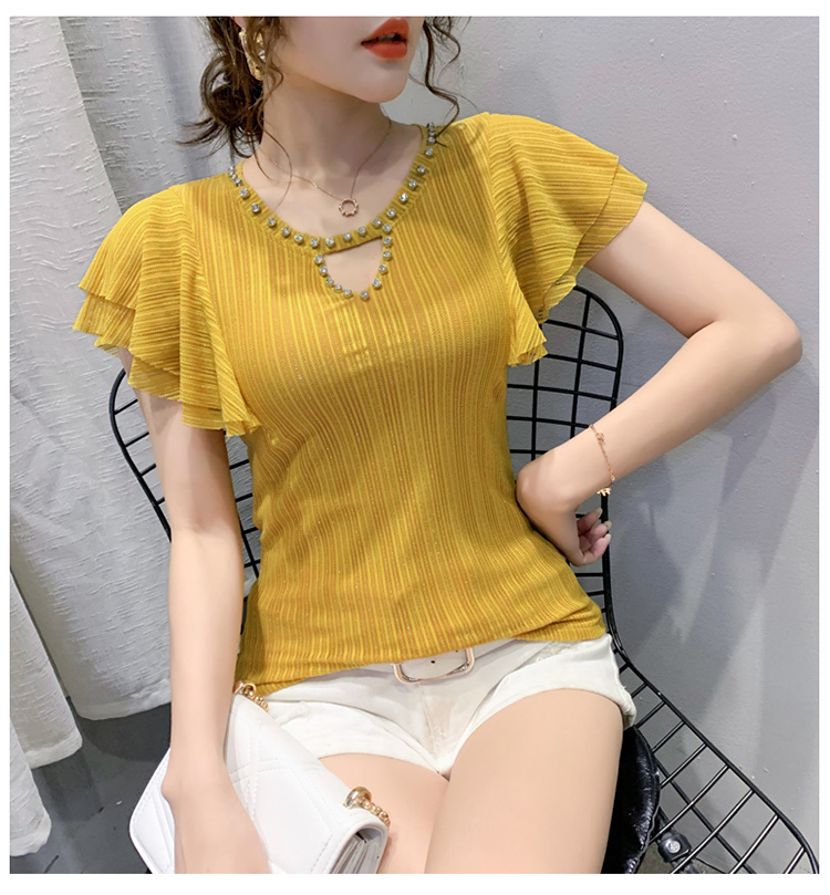 New Fashion Short Sleeve T-Shirt With Hollow And Diamond Mesh And Women"s Flying Sleeve Top - Yellow, M