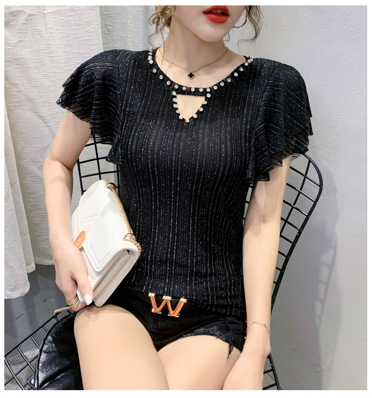New Fashion Short Sleeve T-Shirt With Hollow And Diamond Mesh And Women"s Flying Sleeve Top - Black, L