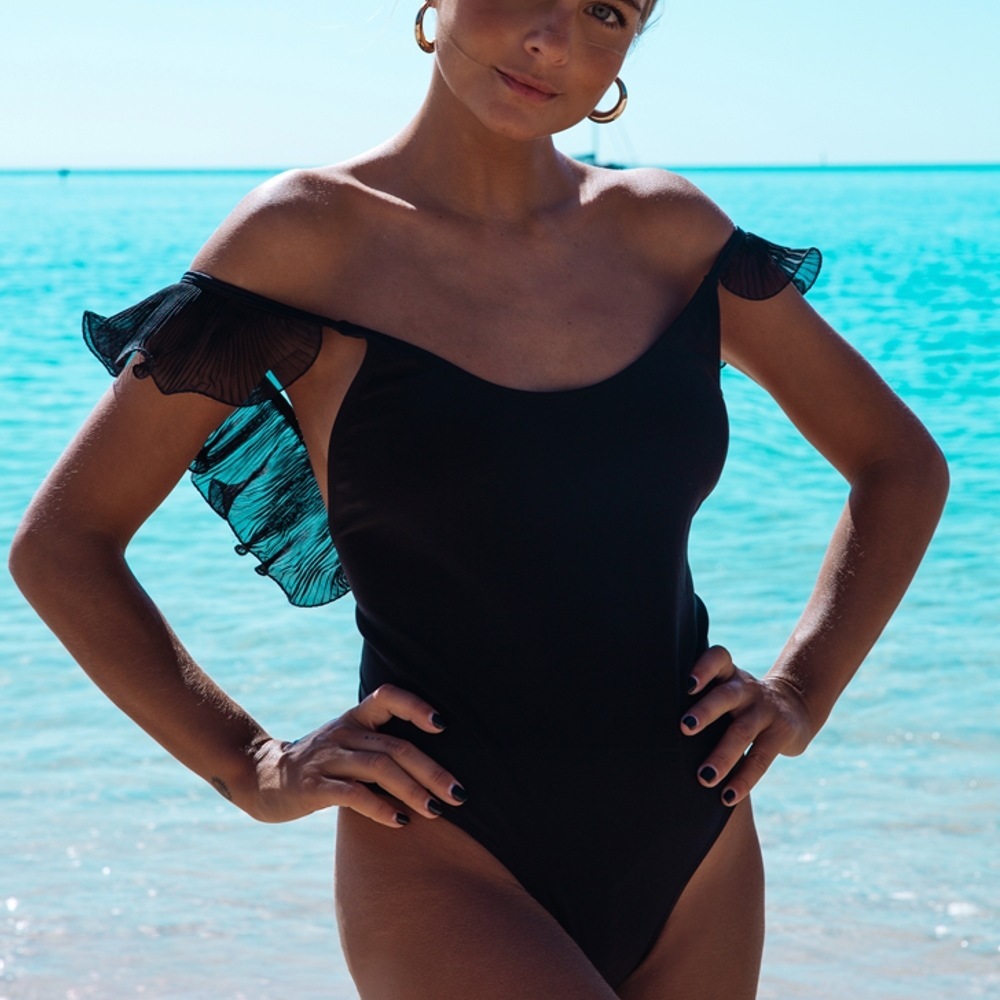 Pleated Lace One-Piece Swimsuit - Black, S