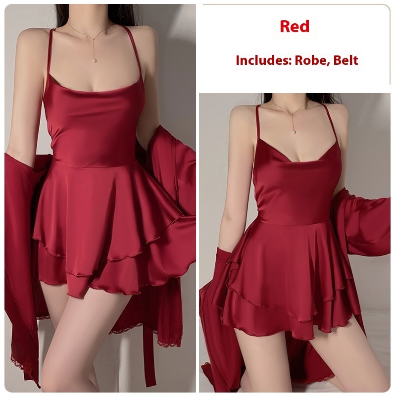 Underwear Pure Lace Slip Nightdress Outerwear Gown Homewear Suit - Infrared Robe Belt, Free Size