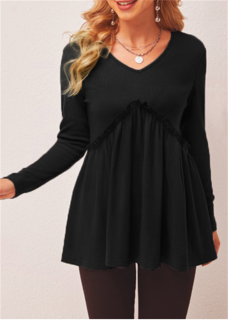Loose-fit Ruffled Pleated V-neck T-shirt For Women - Black, L