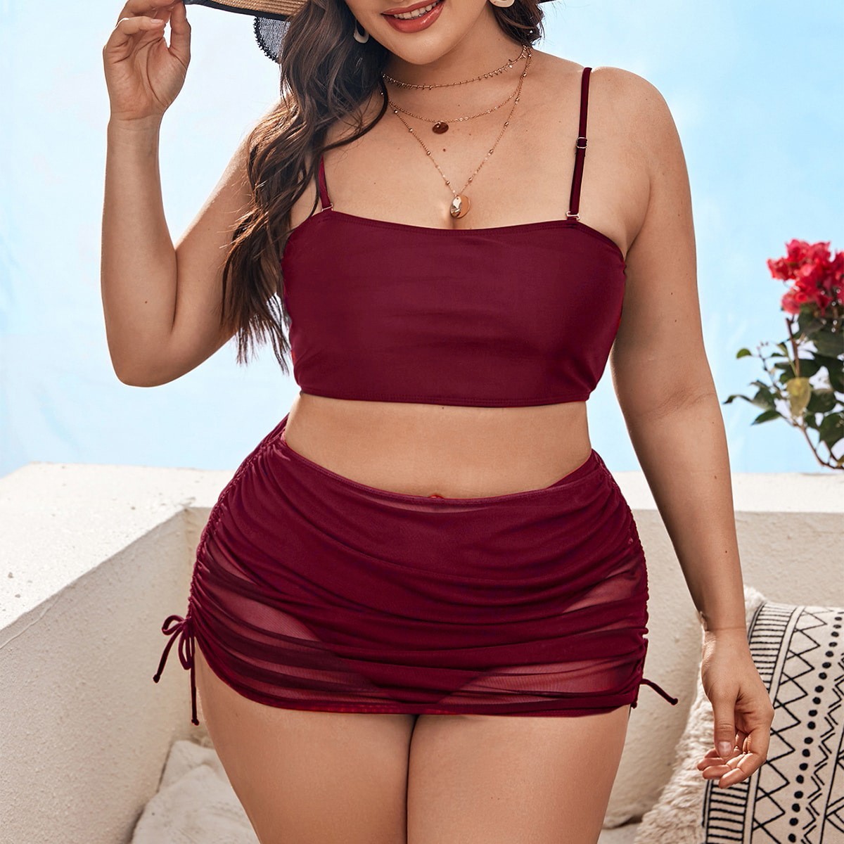 Pure Color Mesh Bikini Three-piece Set For Women - Wine Red, 0XL