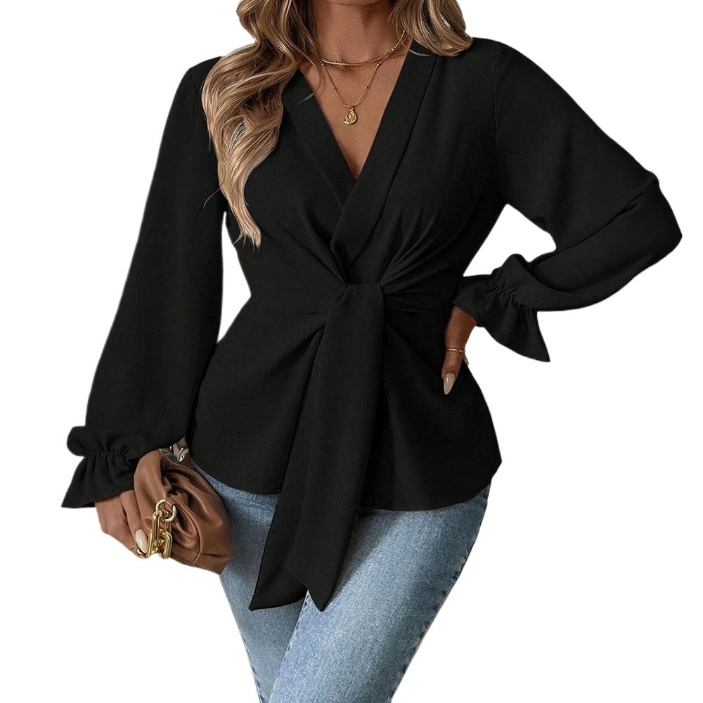 Black Tie V-neck Lantern Sleeve Long-sleeved Top - Black, 1XL