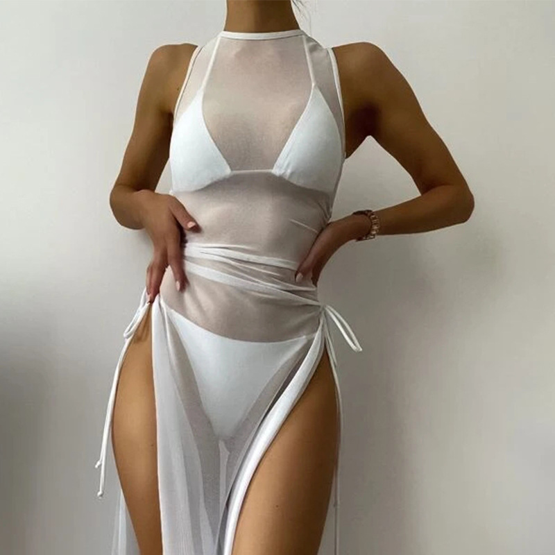 New Solid Color Sexy Split Swimsuit - White, L