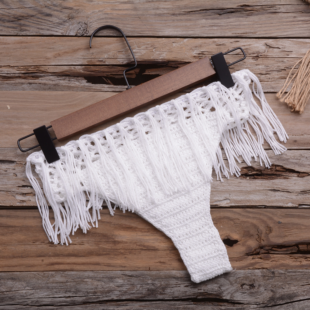 Hand-woven Beach Hollow Tassel Split Swimsuit Set Factory Direct Sales - White Shorts, L