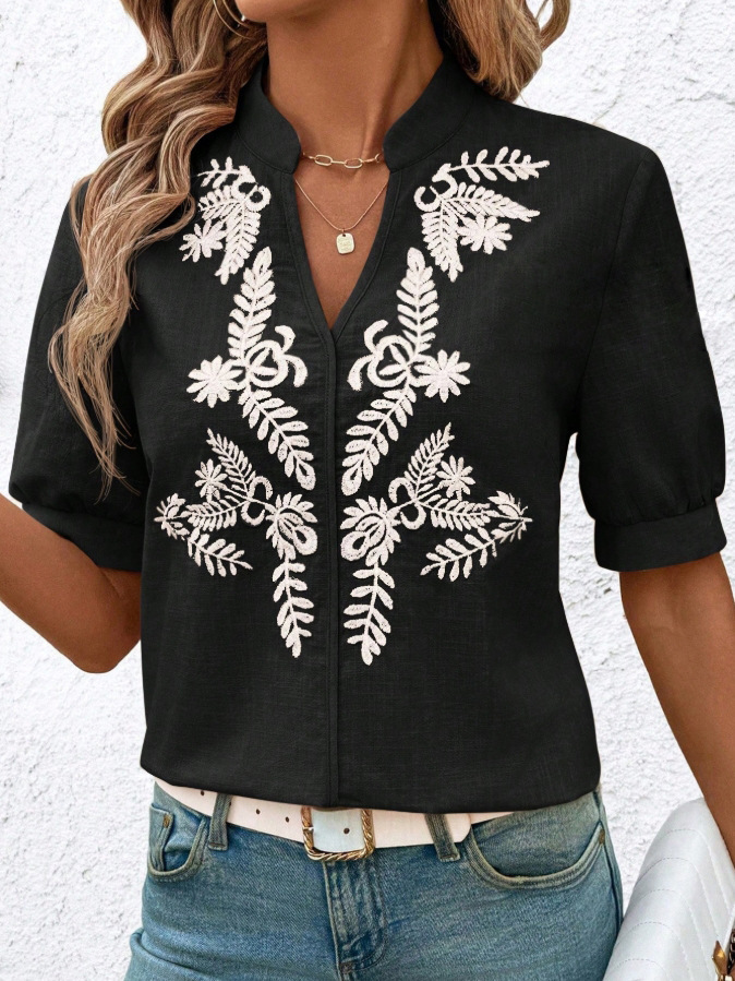 V-neck Fashion Pure Cotton Embroidery Short-sleeved Casual Shirt For Women - Black, M