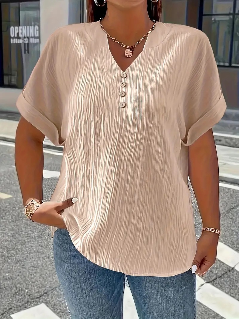 Summer Casual Women's Clothing Small V-neck Short-sleeve Top - Khaki, 2XL
