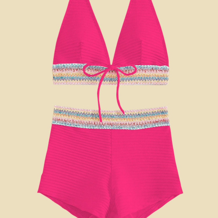 Women's Split High Waist Bikini Suit - Rose Red, S