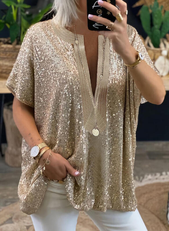 Loose Sequined V-neck Short-sleeved Casual Shirt - Coffee, 3XL