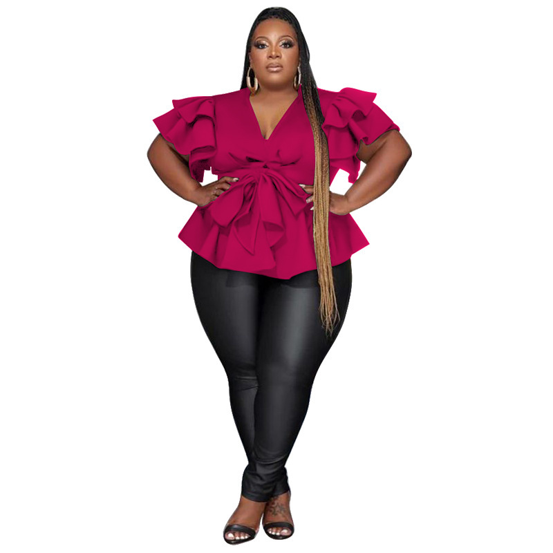 Women's Casual All-Match V-Neck Ruffle-Sleeve Pleated Blouse Top - Rose Red, XL