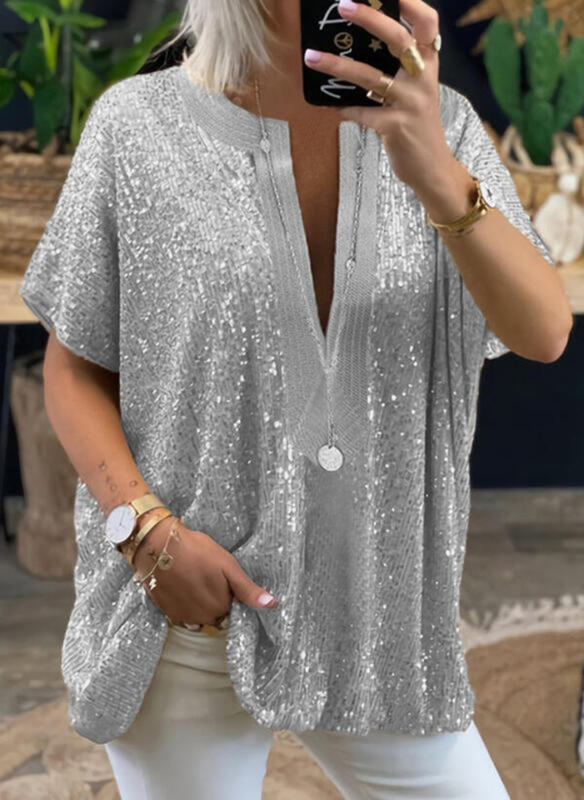 Loose Sequined V-neck Short-sleeved Casual Shirt - Grey, 3XL