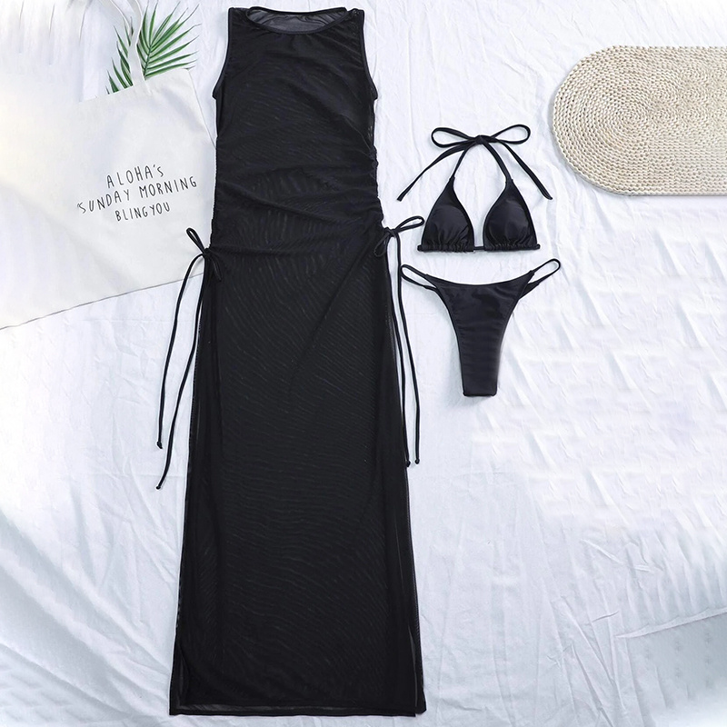 New Solid Color Sexy Split Swimsuit - Black, XL