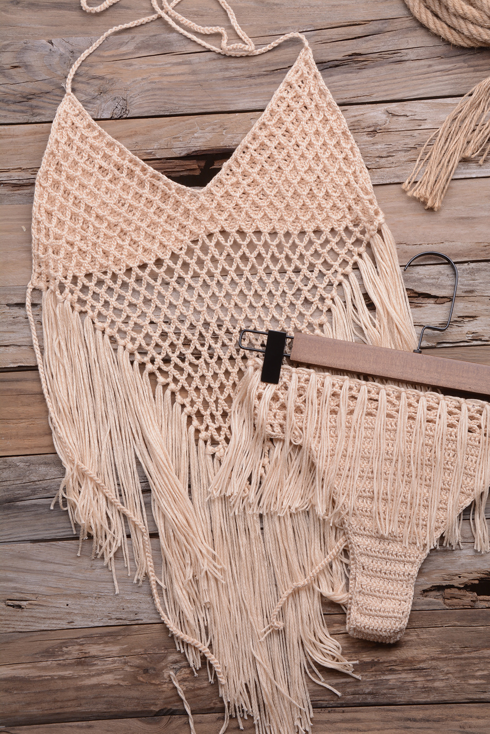 Hand-woven Beach Hollow Tassel Split Swimsuit Set Factory Direct Sales - Apricot, L