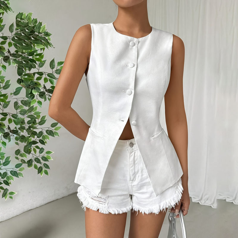 Sleeveless Button Round Neck Elegant Vest - White, L